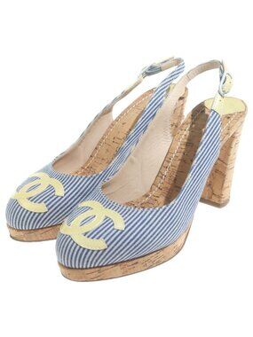 Chanel CC Logo Wedge Saw Strike Heels Blue Brown